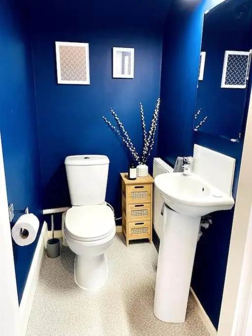 a blue bathroom with a toilet and a sink at Charming 3-bedroom maisonnette in Inverness City Centre in Inverness