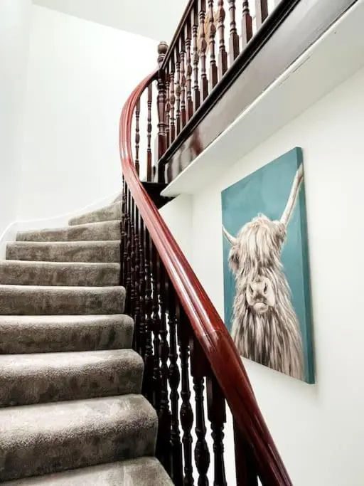 a staircase with a picture of a cow on the wall at Charming 3-bedroom maisonnette in Inverness City Centre in Inverness