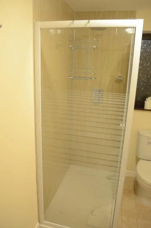a glass shower in a bathroom with a toilet at Achilty Guest House in Contin