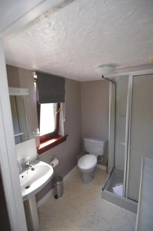 a bathroom with a white toilet and a sink at Achilty Guest House in Contin