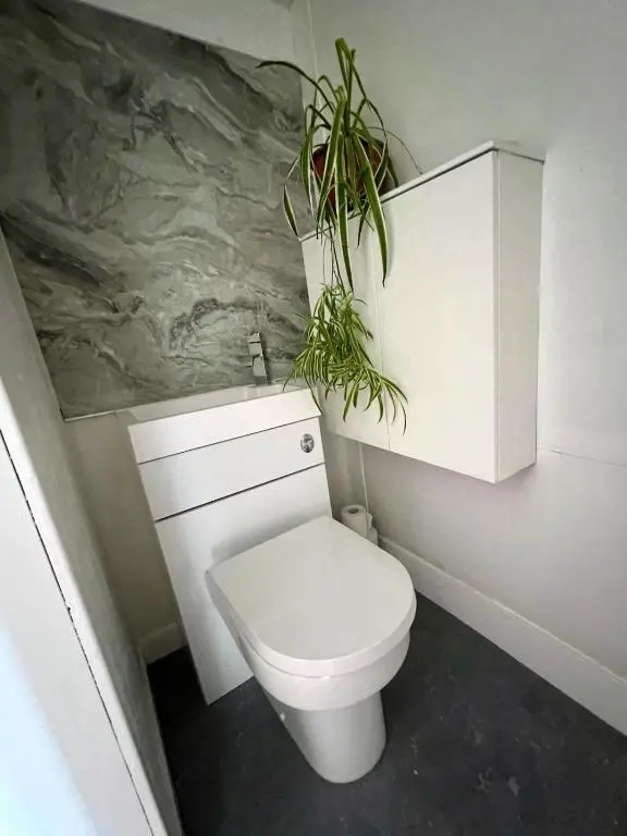 a bathroom with a toilet with a plant on top of it at Cosy Country House in Deeside in Finzean