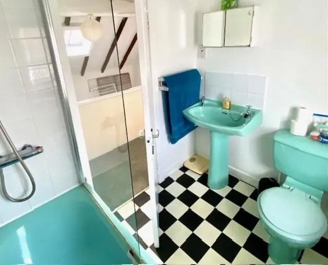 a bathroom with a blue toilet and a sink at A cosy seaside cottage in Cullen