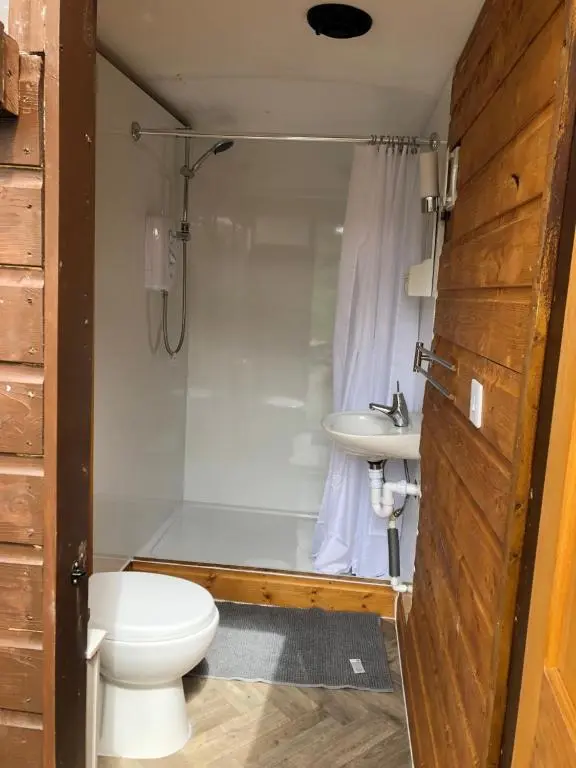 a bathroom with a toilet and a sink at Bowtop Wagon at Lettoch Farm in Keith