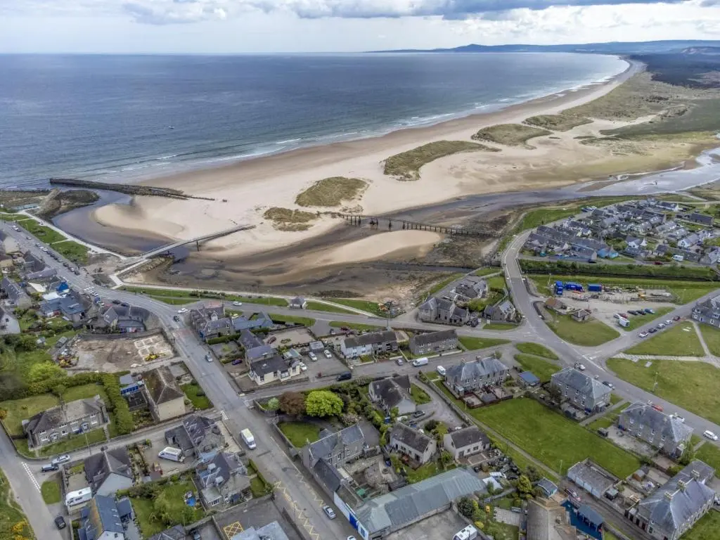 an aerial view of a beach and the ocean at Apartment Harbour Nights 4 by Interhome in Lossiemouth