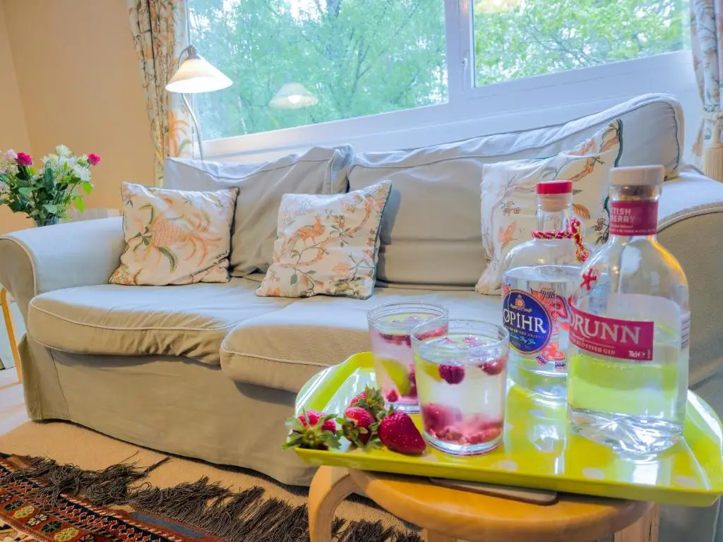 a tray with drinks on a table in front of a couch at Torr Beatha in Kincraig