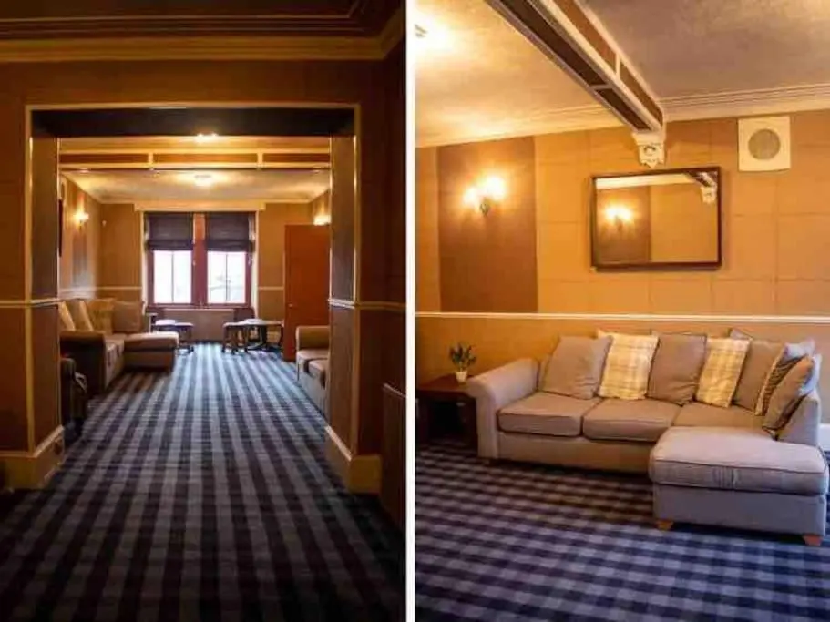 two pictures of a living room with a couch at Crannoch Self Catering - 10 bedroom former hotel in Cullen