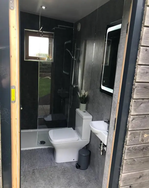 a bathroom with a toilet and a shower and a sink at Backieley Lodge in Huntly