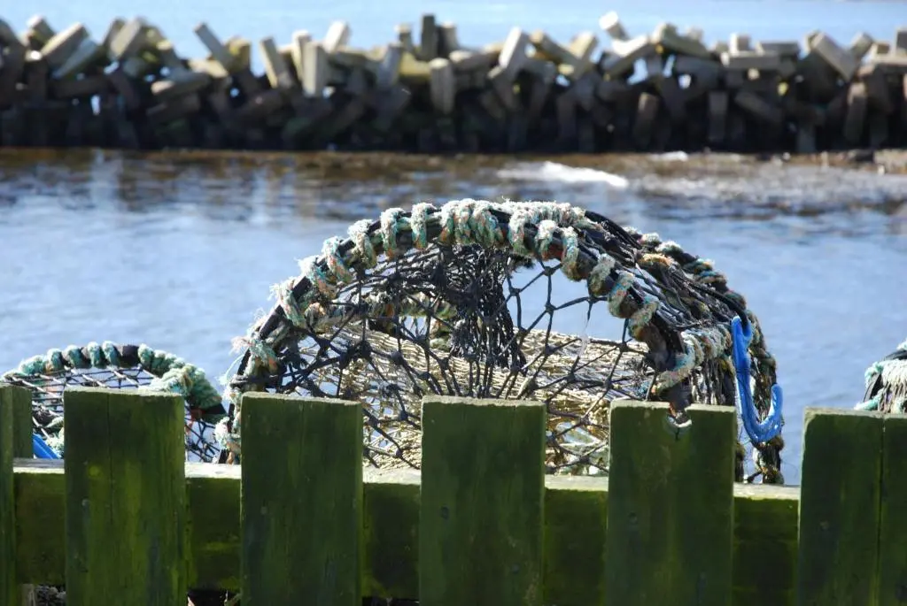 a chain wrapped around a wooden fence next to the water at Turadh 'a break in the clouds' in Dunbeath