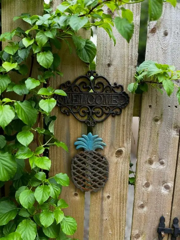 a sign on a wooden fence with a pineapple on it at The Potted Pineapple in Oyne