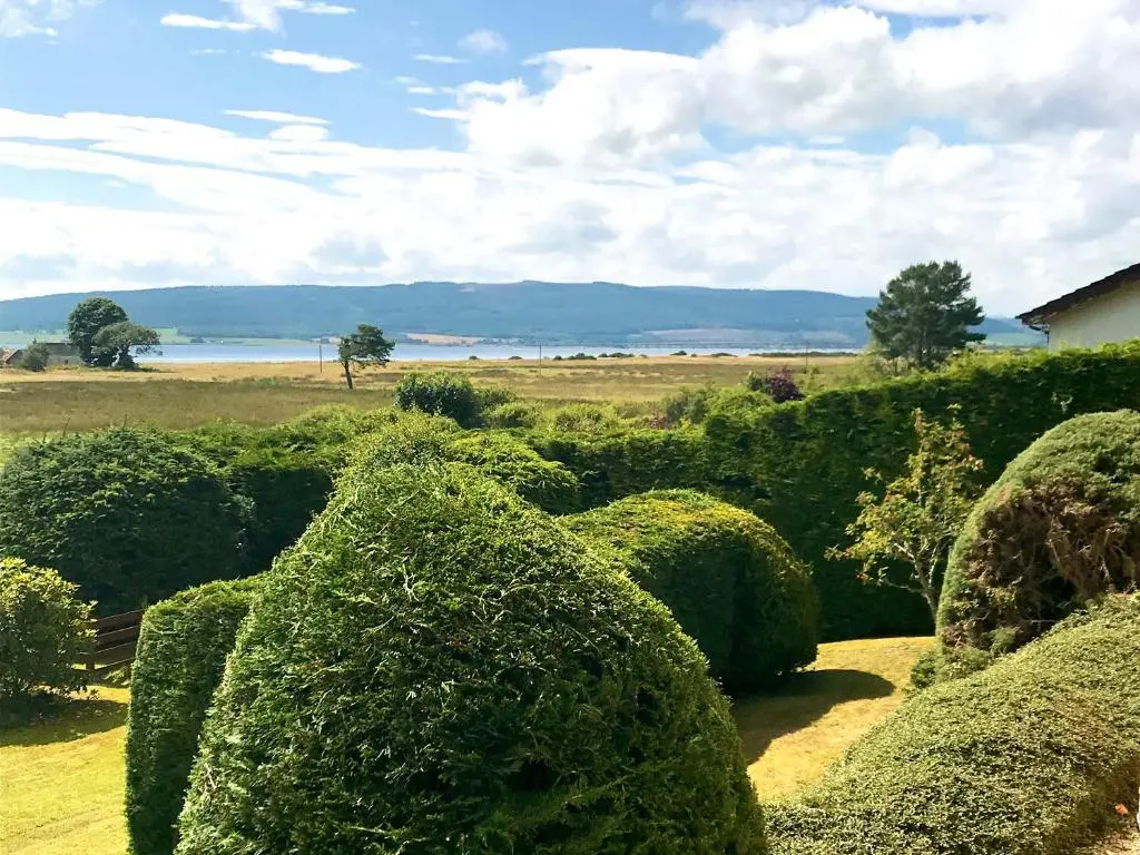 a garden of bushes with a view of the water at Achnacarry Cottage in Evelix