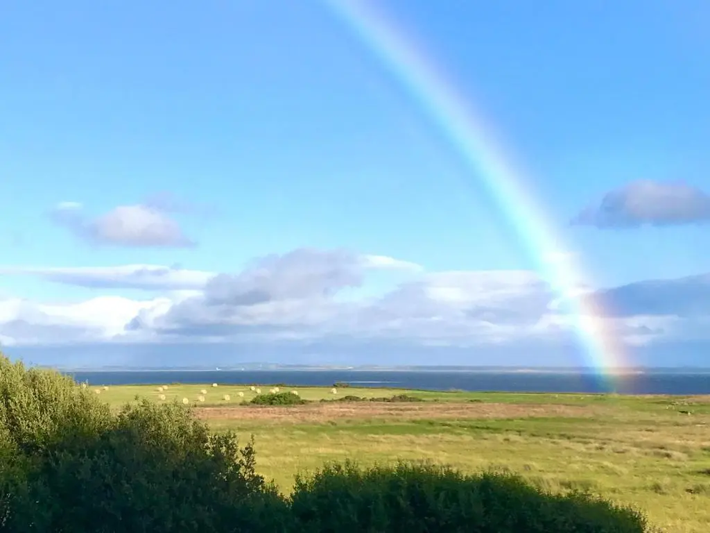 a rainbow in the sky with a field with animals at Achnacarry Cottage in Evelix