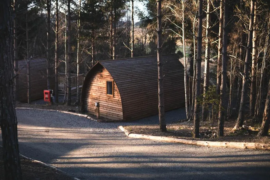 a wooden cabin in the middle of a forest at Glenlivet by Wigwam Holidays in Tomintoul
