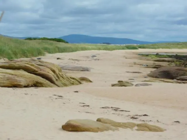 a beach with rocks in the sand and grass at Ash Mill - Dornoch in Dornoch