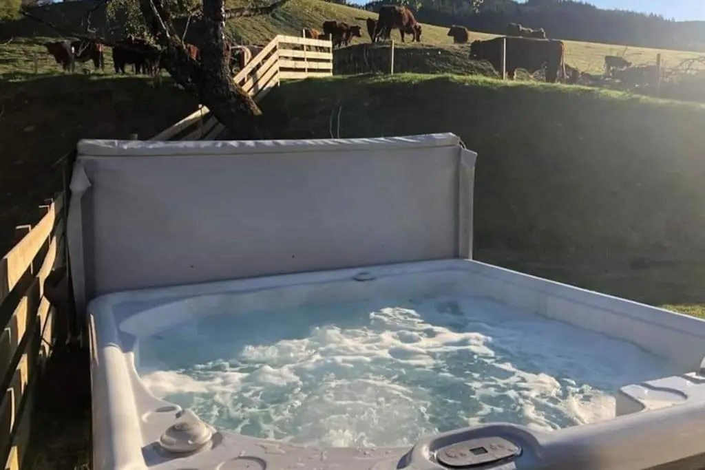 a bath tub filled with water in a field at Orchid lodge in Bridge of Tilt