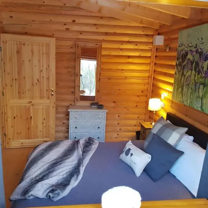a bedroom with a bed in a log cabin at Orchid lodge in Bridge of Tilt