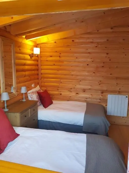 a bedroom with two beds in a log cabin at Orchid lodge in Bridge of Tilt