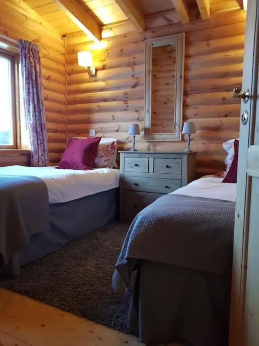 a bedroom with two beds in a log cabin at Orchid lodge in Bridge of Tilt