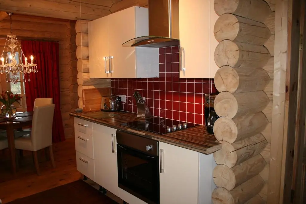 a kitchen with a stove top oven next to a stone wall at BCC Loch Ness Log Cabins in Bearnock