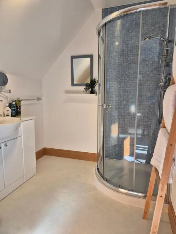 a bathroom with a shower with a glass door at Twin Pines in Mulben