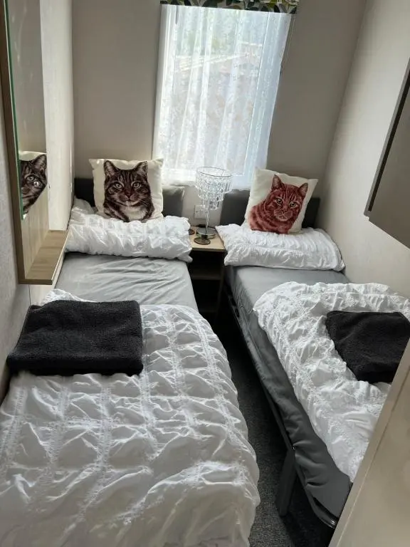 a room with two beds with cats sitting on them at 44 Angels Retreat in Boat of Garten