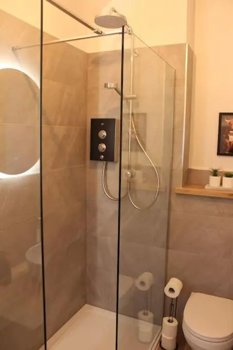 a shower stall with a toilet in a bathroom at One bedroom Flat in Dingwall in Dingwall