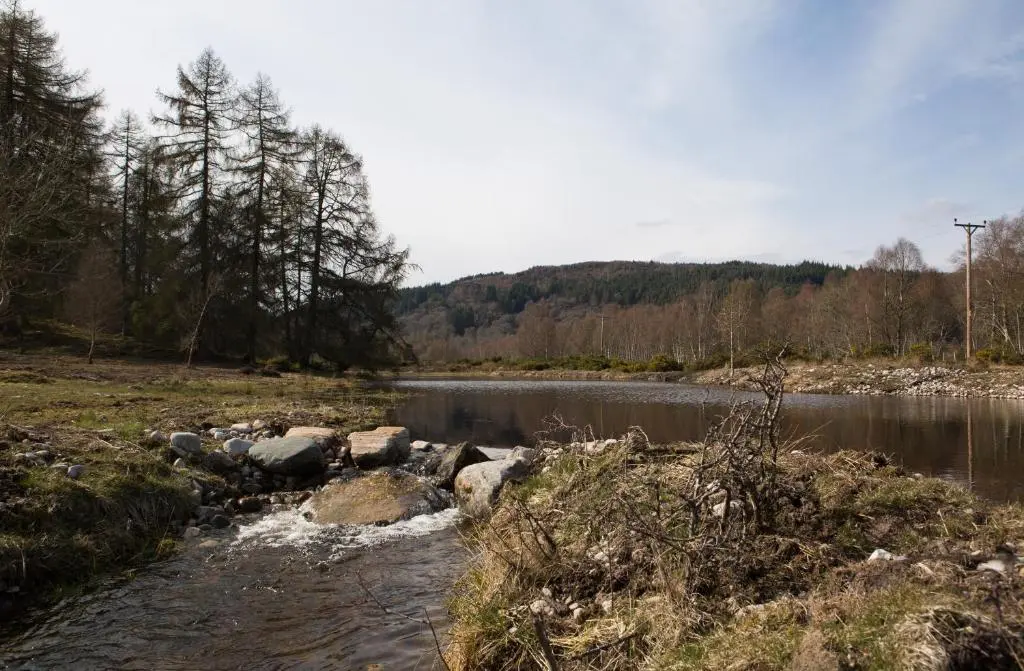 a river with rocks on the side of it at Bluebell Lodge - Sleeps 4 Loch & Woodland in Strathpeffer