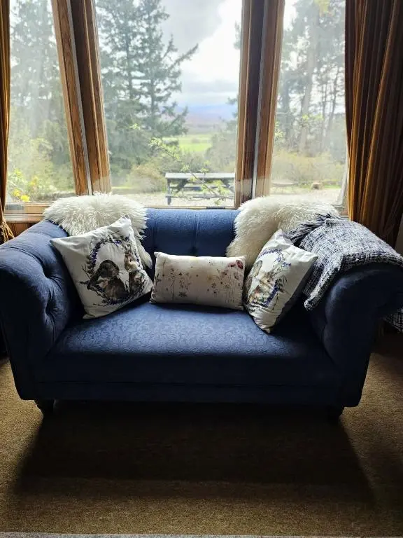 a blue couch with pillows on it in front of a window at Ardchoile in Kingussie