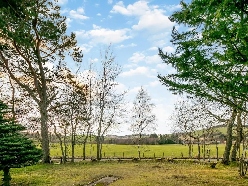 a park with trees and a field in the background at Rowan Cottage in Huntly