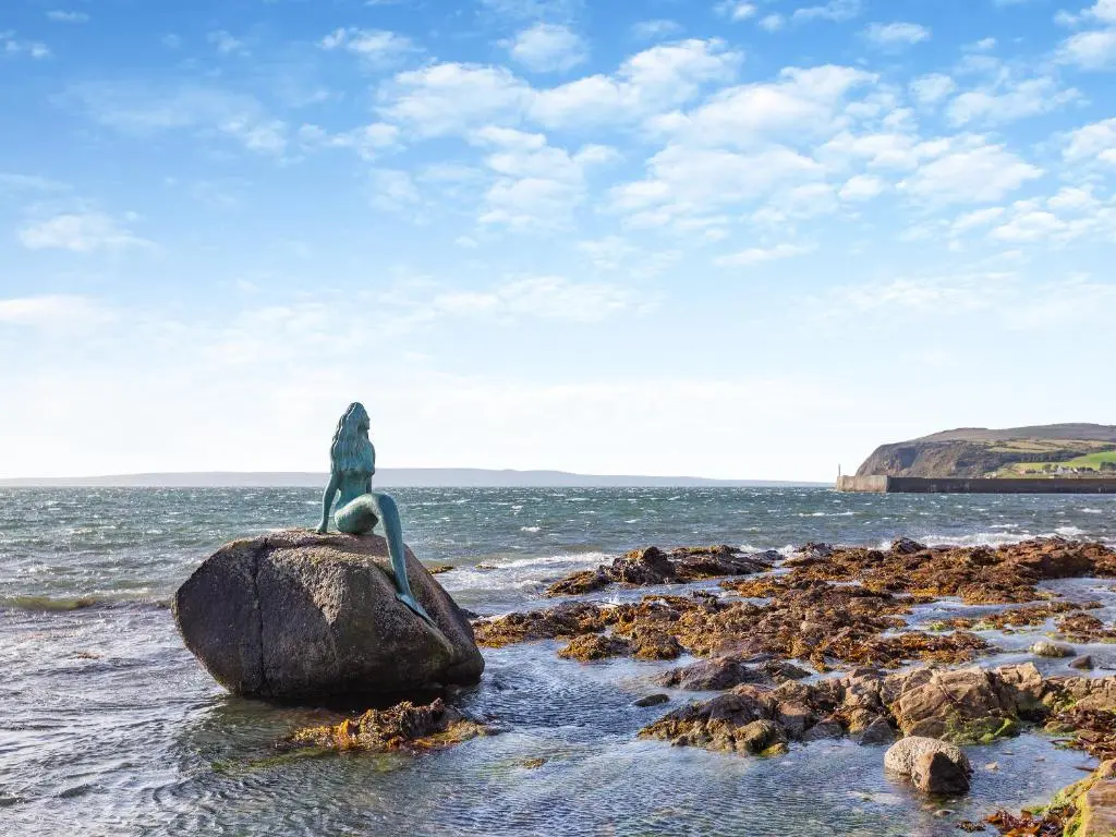a statue of a mermaid sitting on a rock in the water at Mermaid View in Balintore