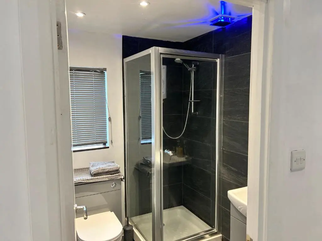 a bathroom with a shower and a toilet at One bed and bathroom with kitchen for self catering Alness in Alness