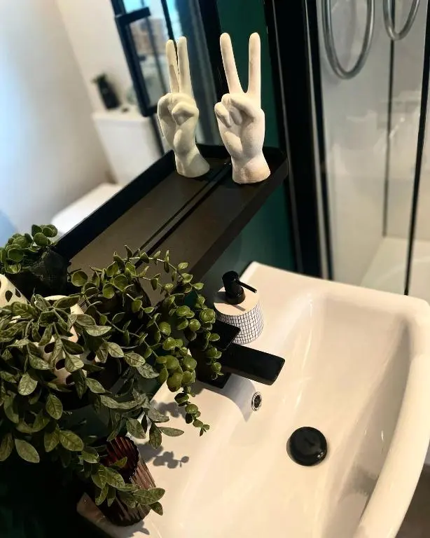 a bathroom sink with a potted plant and a mirror at Ramsay Lane in Lossiemouth