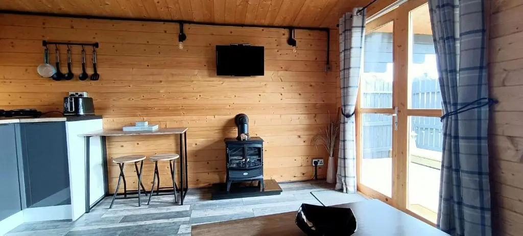 a kitchen with a stove in a wooden room at Fairvine Cabin Fort Augustus Mtn View Pet Friendly in Fort Augustus