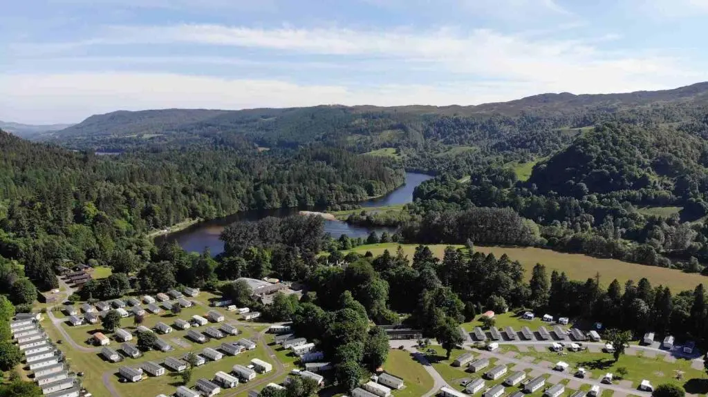 an aerial view of a park and a river at Faskally Woods Holiday Park in Pitlochry