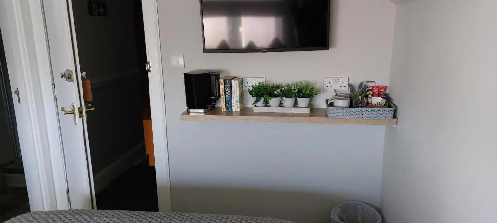 a room with a shelf with plants and a tv at Riverbank Guesthouse Inverness in Inverness