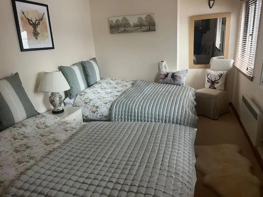 a bedroom with two beds and a lamp and a chair at Kerrow Burn Lodge Cannich Inverness-shire in Invercannich