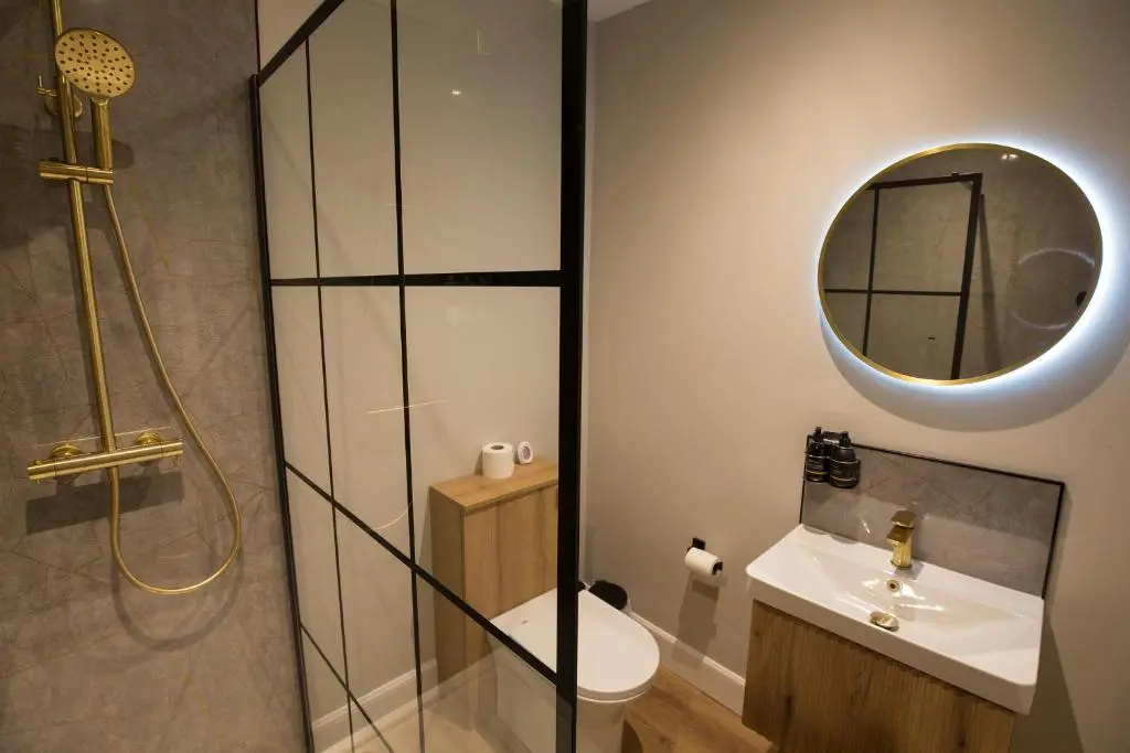 a bathroom with a toilet and a sink and a mirror at The Braeriach in Newtonmore