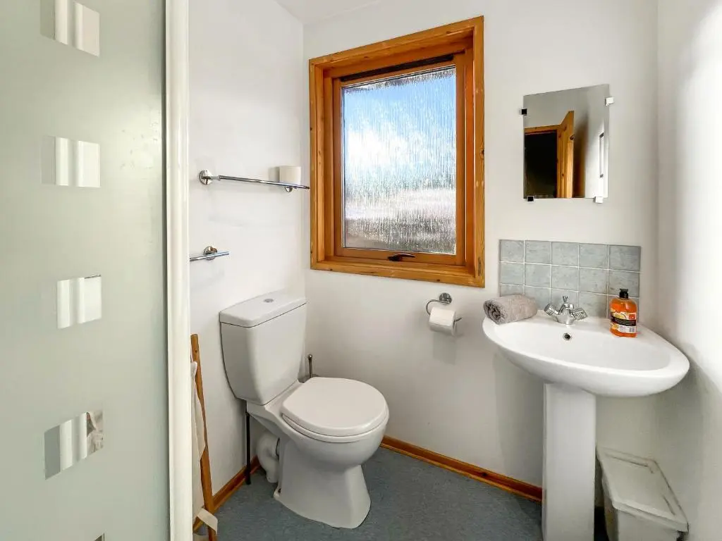 a bathroom with a toilet and a sink and a window at Lorien Cottage in Nethy Bridge