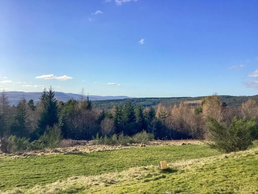 a grassy field with a hill in the distance at The Carnegie Rooms At Aultnagar Lodge - Uk48666 in Lairg