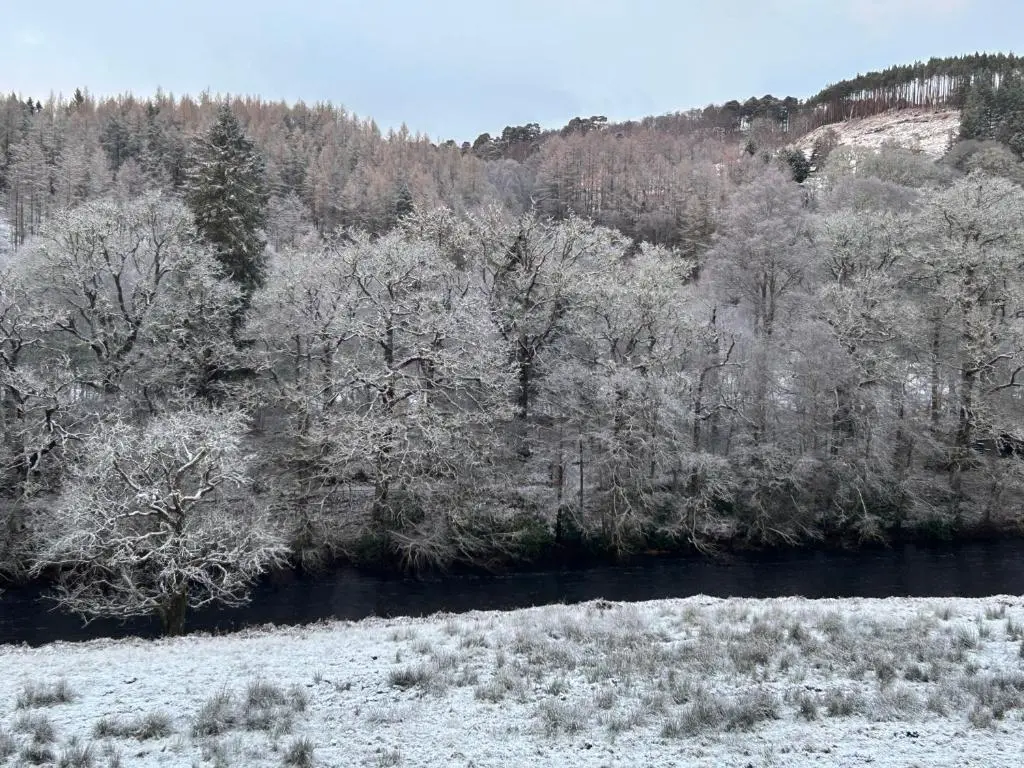 a snow covered field with trees and a river at Aldernaig Mill in Invergarry