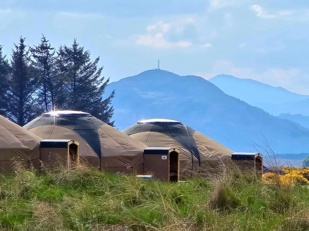 three tents in a field with mountains in the background at Rainbow's End Yurts in Dornoch