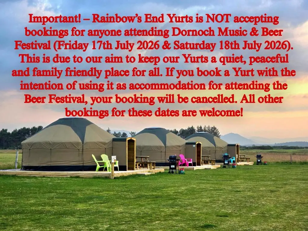 a flyer for a tent rental in a field at Rainbow's End Yurts in Dornoch