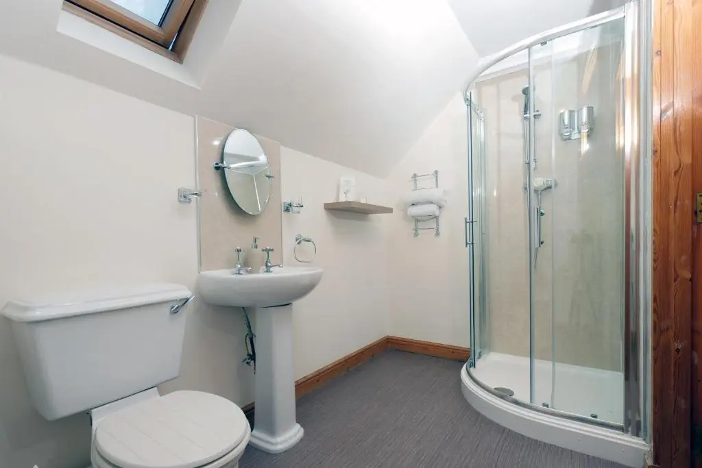 a bathroom with a shower and a toilet and a sink at Culliss House B&B in Inverness