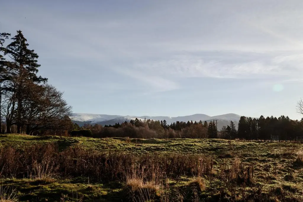 a field with trees and mountains in the background at Park Cottage - Seasgair Lodges in Kingussie