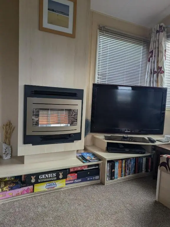 a living room with a large flat screen tv and books at Aurora on the Dunes- Cozy Coastal Retreat with Scenic Views in Lossiemouth