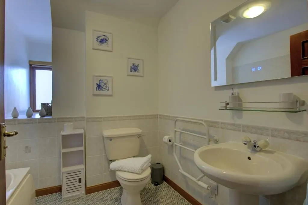 a bathroom with a toilet and a sink and a mirror at 2 Links View, Brora in Brora