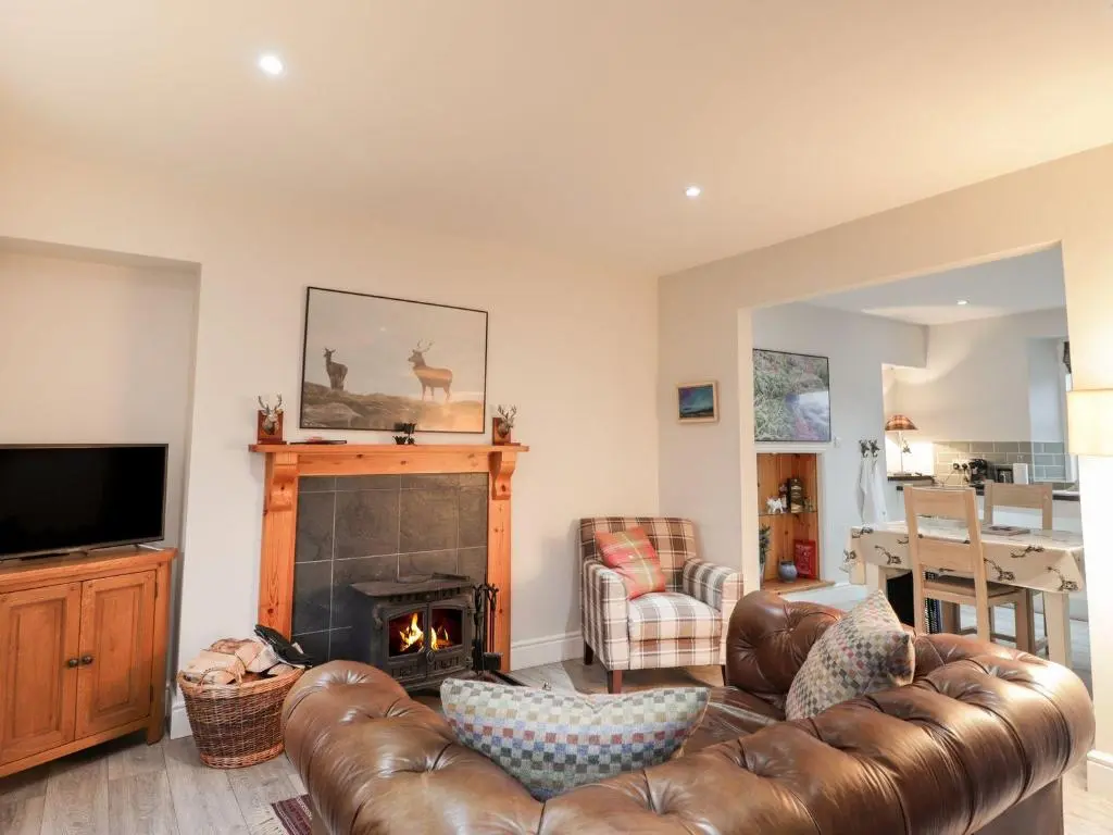 a living room with a leather couch and a fireplace at Wendy's Place in Inverness