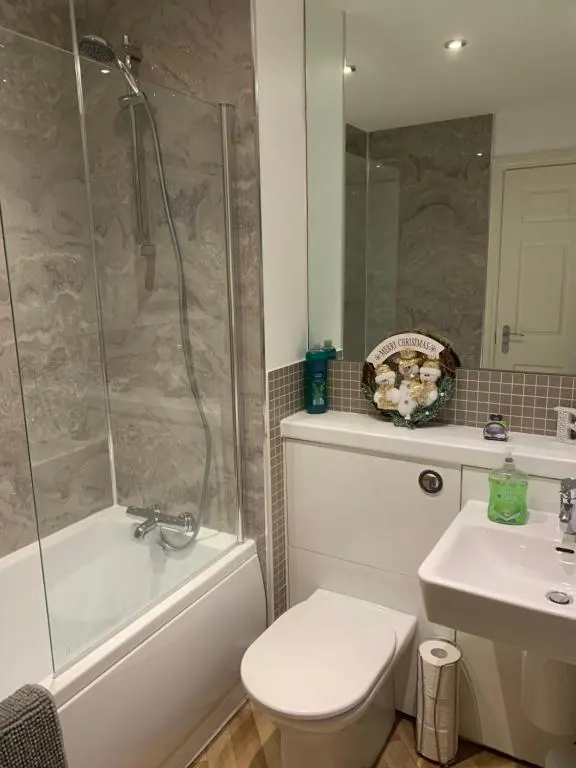 a bathroom with a toilet and a sink and a shower at Junique Modern Ground Floor Apartment - 2 bedrooms in Aberdeen