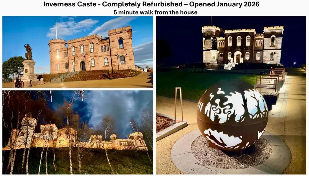 a collage of pictures of a building and a sculpture at Rosebery House with private garden in quiet area of city centre in Inverness