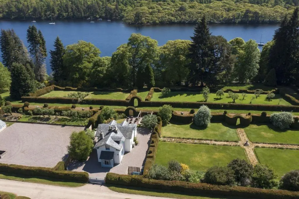 an aerial view of a garden with a house at Garden Cottage in Inverness
