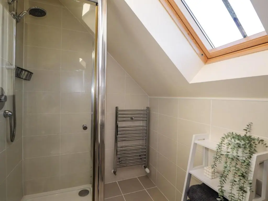a bathroom with a shower and a skylight at 3 The Granary in Banff